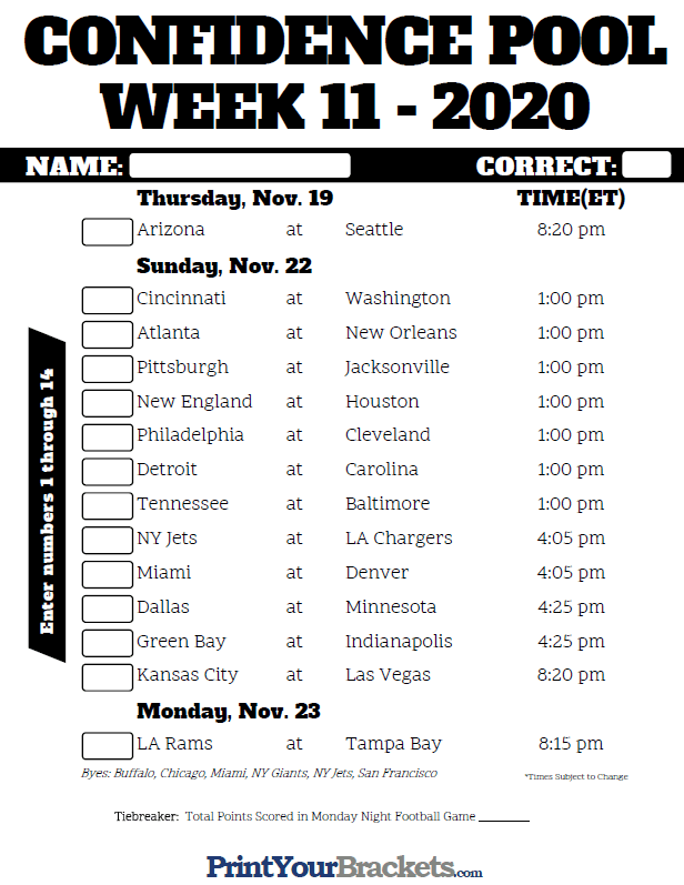 Nfl Week Confidence Pool Sheet Printable Printable Schedule