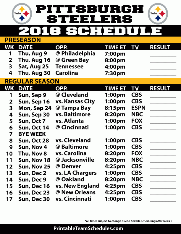 Free Printable Steelers Schedule Printable