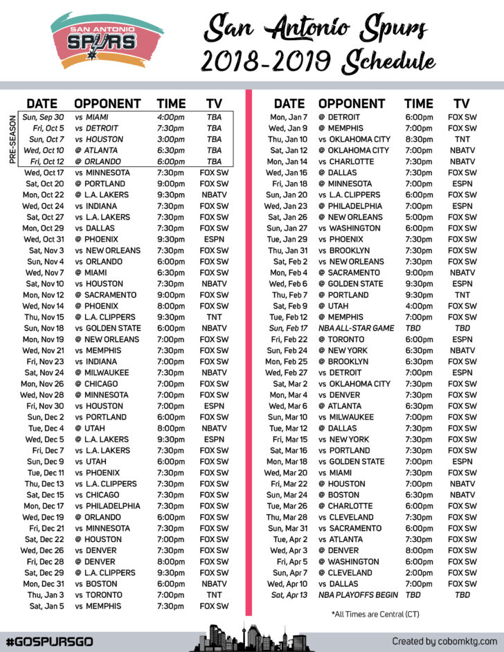 2018 2019 San Antonio Spurs Printable Schedule Cody Box | Printable ...