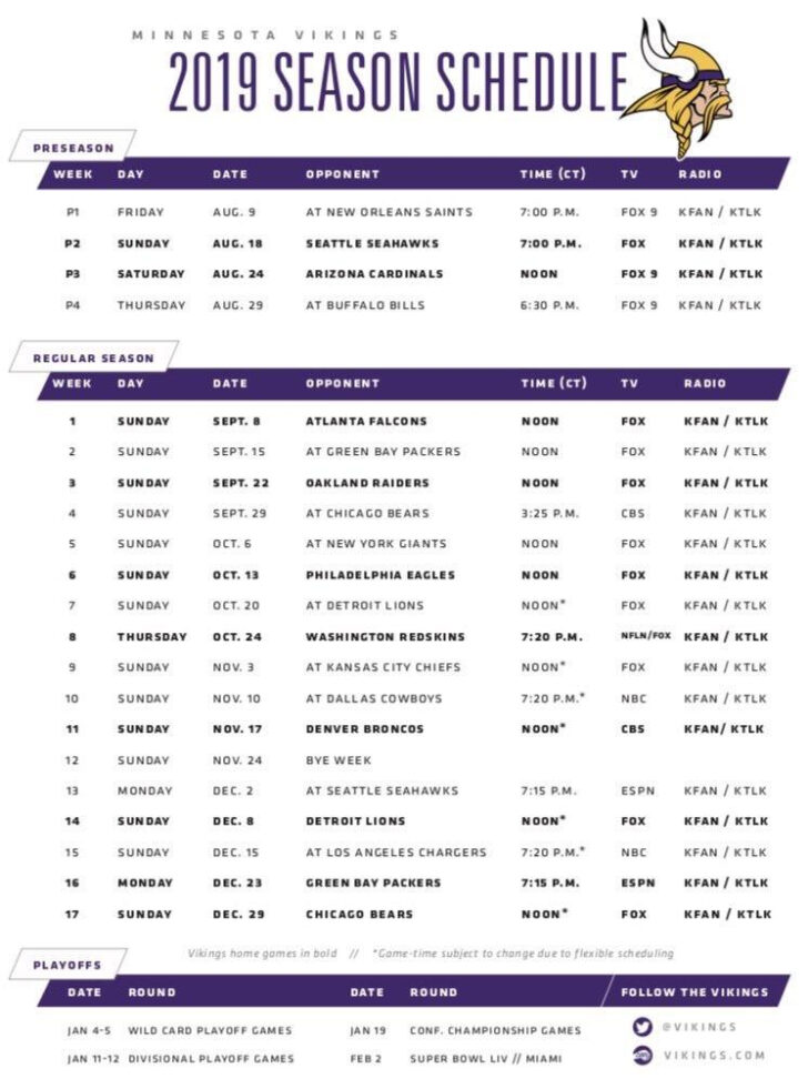 2019 Vikings Schedule Minnesotavikings Printable Schedule