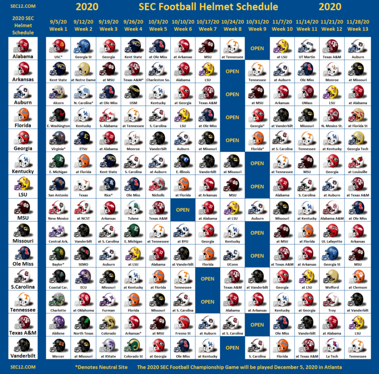 2020 SEC Football Helmet Schedule SEC12 SEC Football Printable Schedule