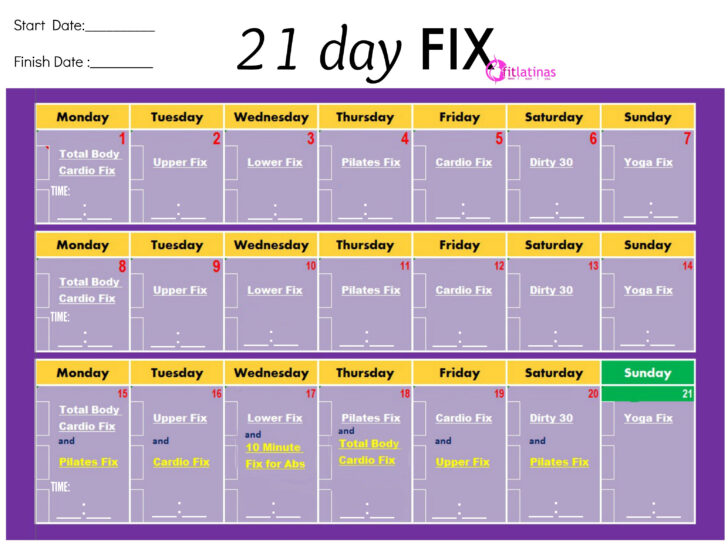 21 Day Fix Workout Calendar Printable Schedule