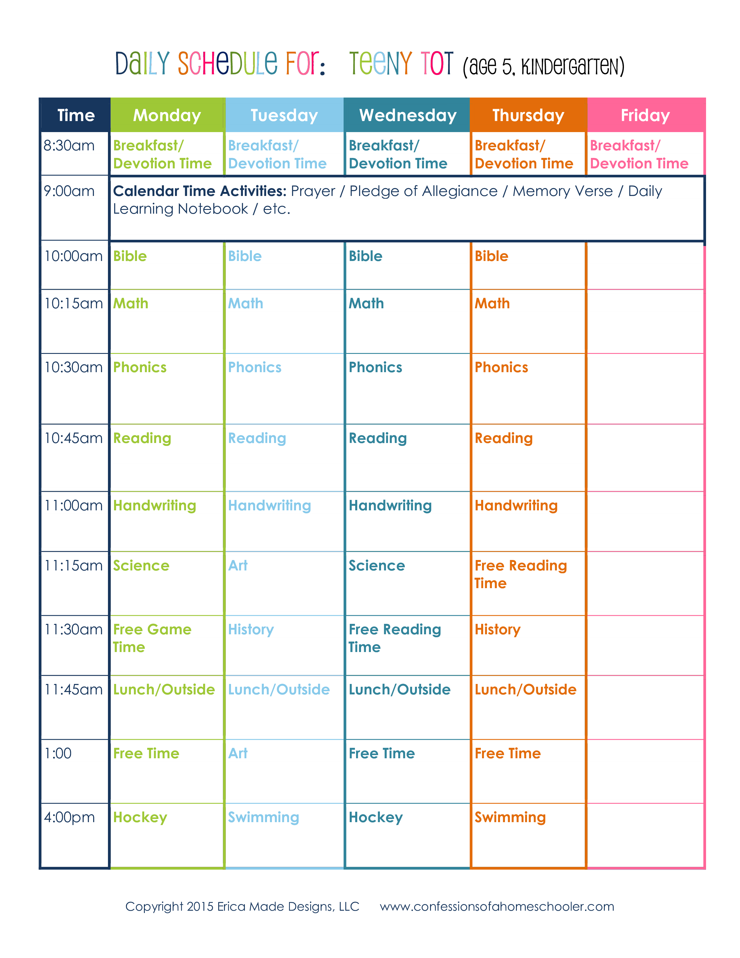 Kindergarten Homeschool Schedule Templates At 