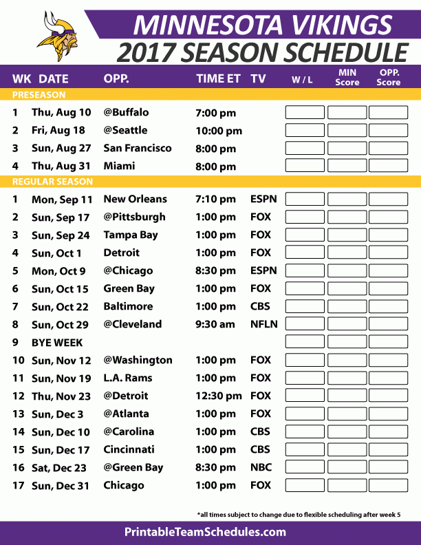Minnesota Vikings Printable Schedule