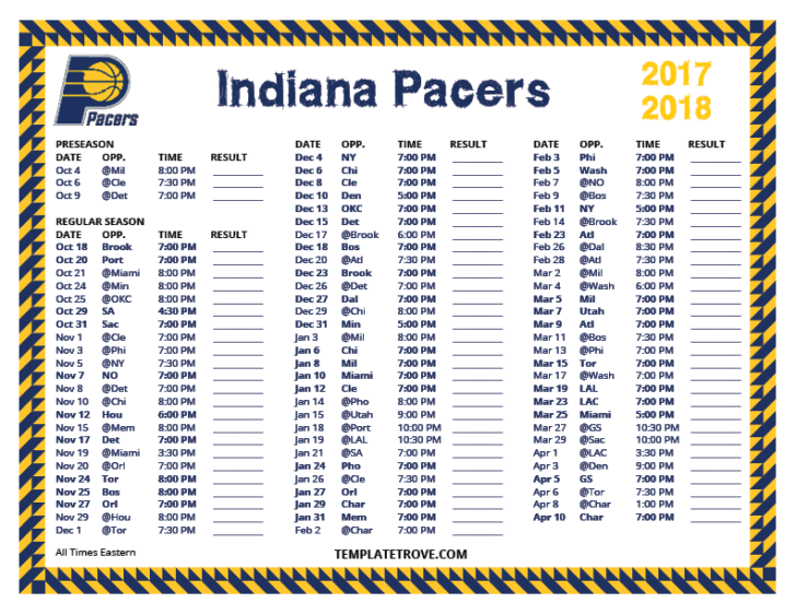 Printable 2017 2018 Indiana Pacers Schedule Printable Schedule