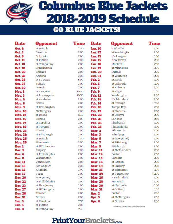 Printable 2018 2019 Columbus Blue Jackets Hockey Schedule 