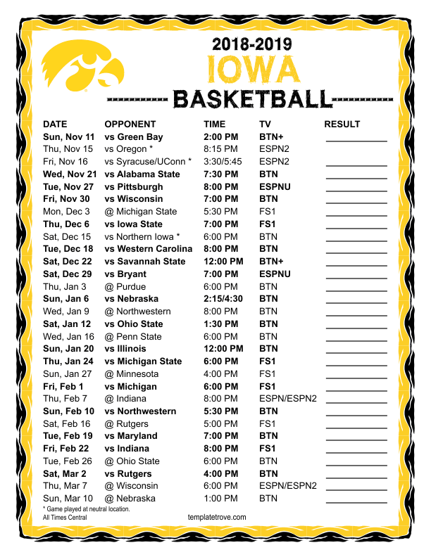 Iowa Hawkeye Basketball Schedule Printable