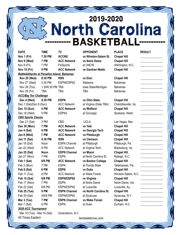 Printable 2019 2020 North Carolina Tarheels Basketball 