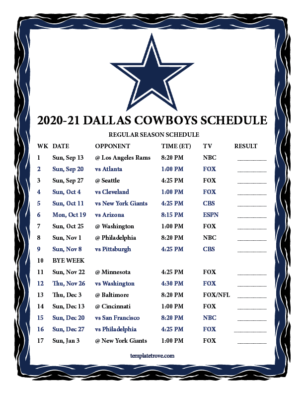 Dallas Cowboys Schedule Printable 2021 - Printable Schedule
