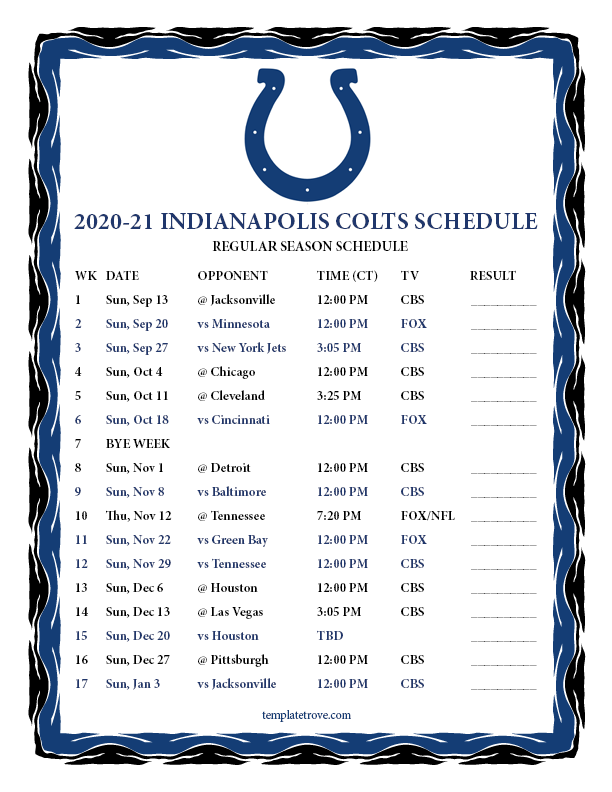 Printable 2020 2021 Indianapolis Colts Schedule