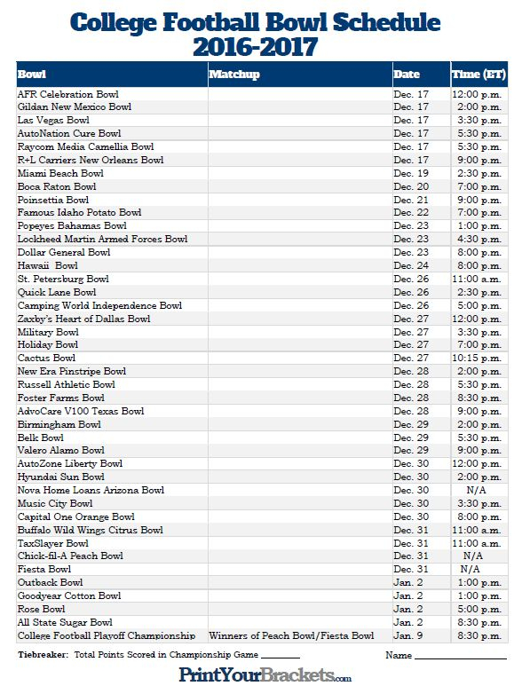2021 2022 College Football Bowl Schedule Printable - Printable Schedule