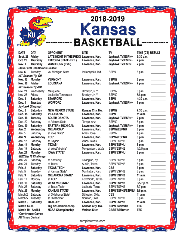 Ku Basketball Schedule 2021 20 Printable - Printable Schedule