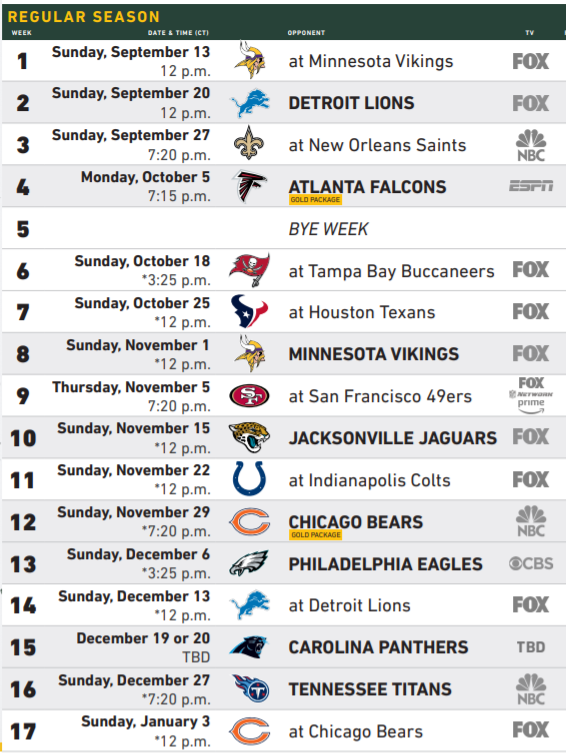 green bay packer schedule for today