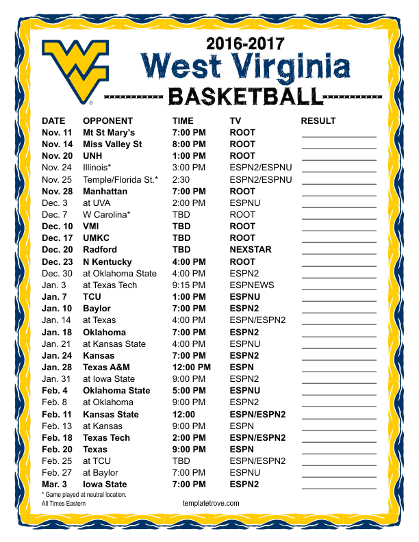 Wvu Printable Basketball Schedule - Printable Schedule