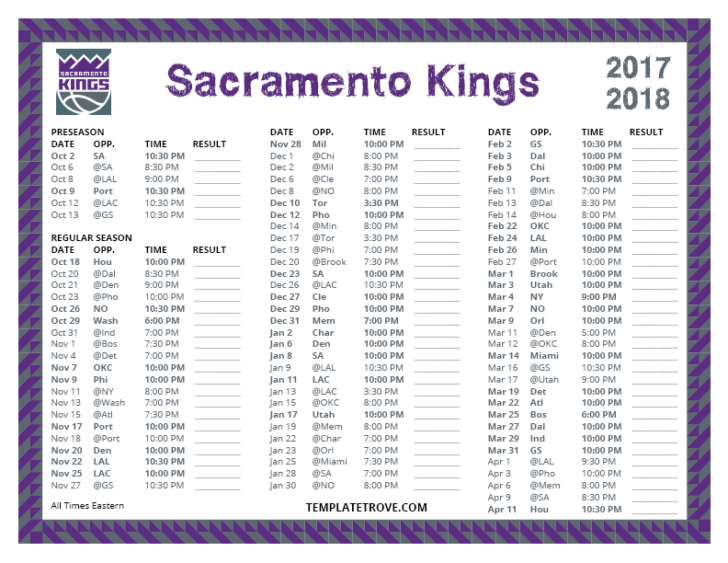 Printable 2017 2018 Sacramento Kings Schedule Printable Schedule