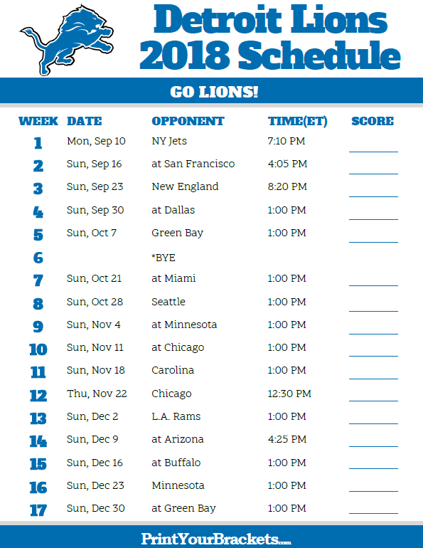 Printable 2018 Detroit Lions Football Schedule 