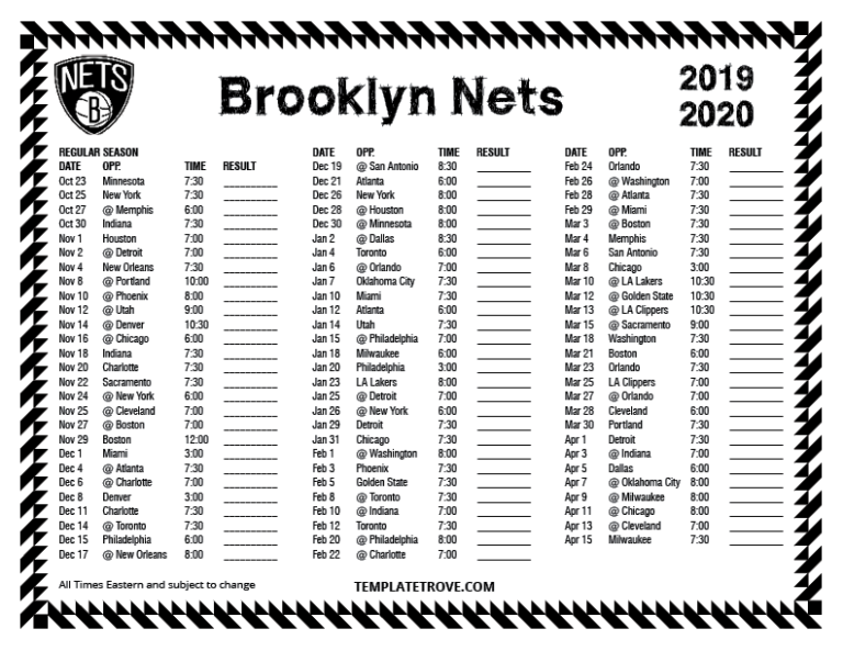 Printable 2019 2020 Brooklyn Nets Schedule | Printable Schedule