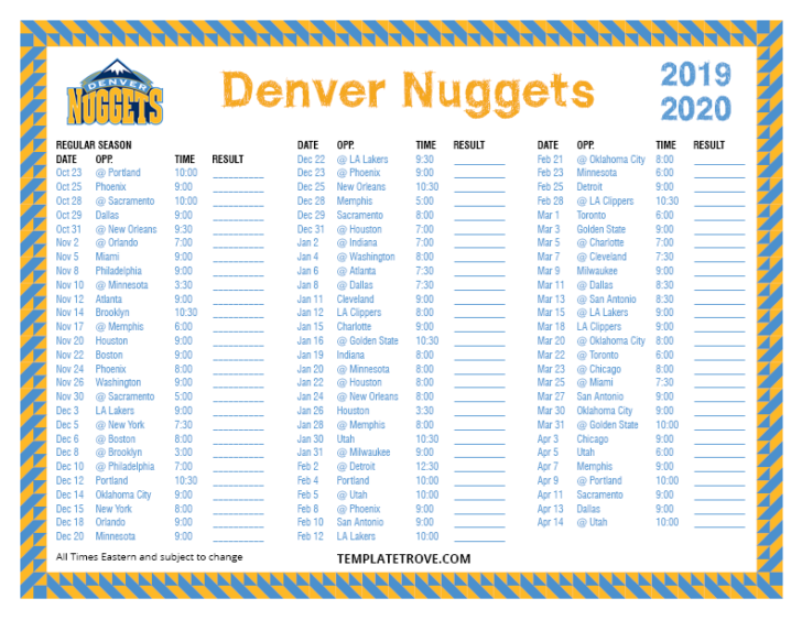 Printable 2019 2020 Denver Nuggets Schedule Printable Schedule