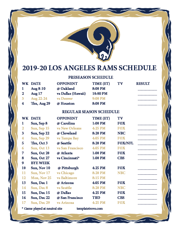 Printable 2019 2020 Los Angeles Rams Schedule