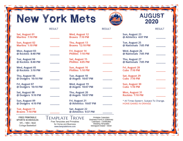 Printable 2020 New York Mets Schedule Printable Schedule