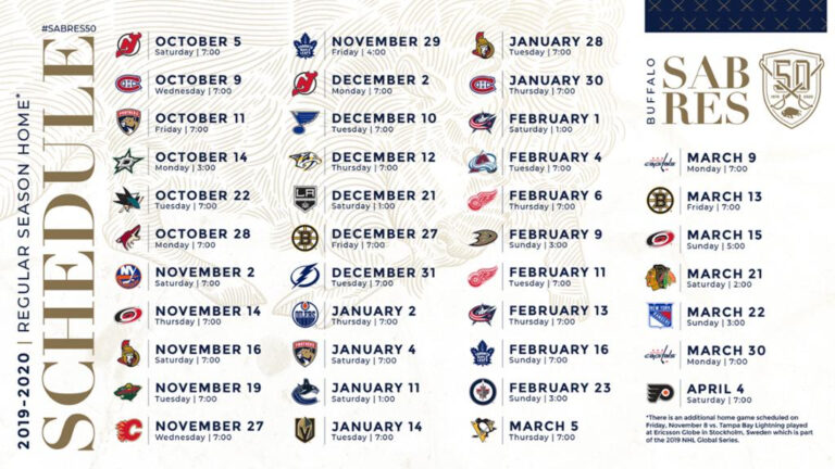 Sabres Announce 2019 20 Regular Season Schedule NHL | Printable Schedule