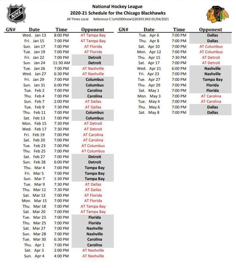 Chicago Blackhawks 2021 NHL Season Schedule Start Times Printable
