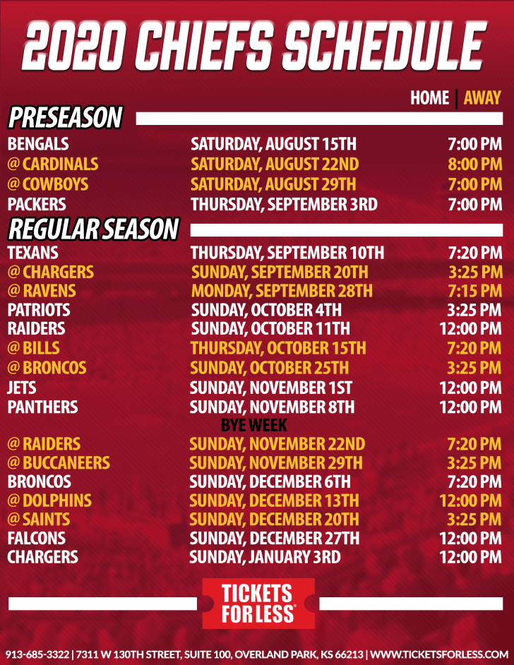 FINAL Chiefs 2020 Printable Schedule Kansas City Chiefs Printable