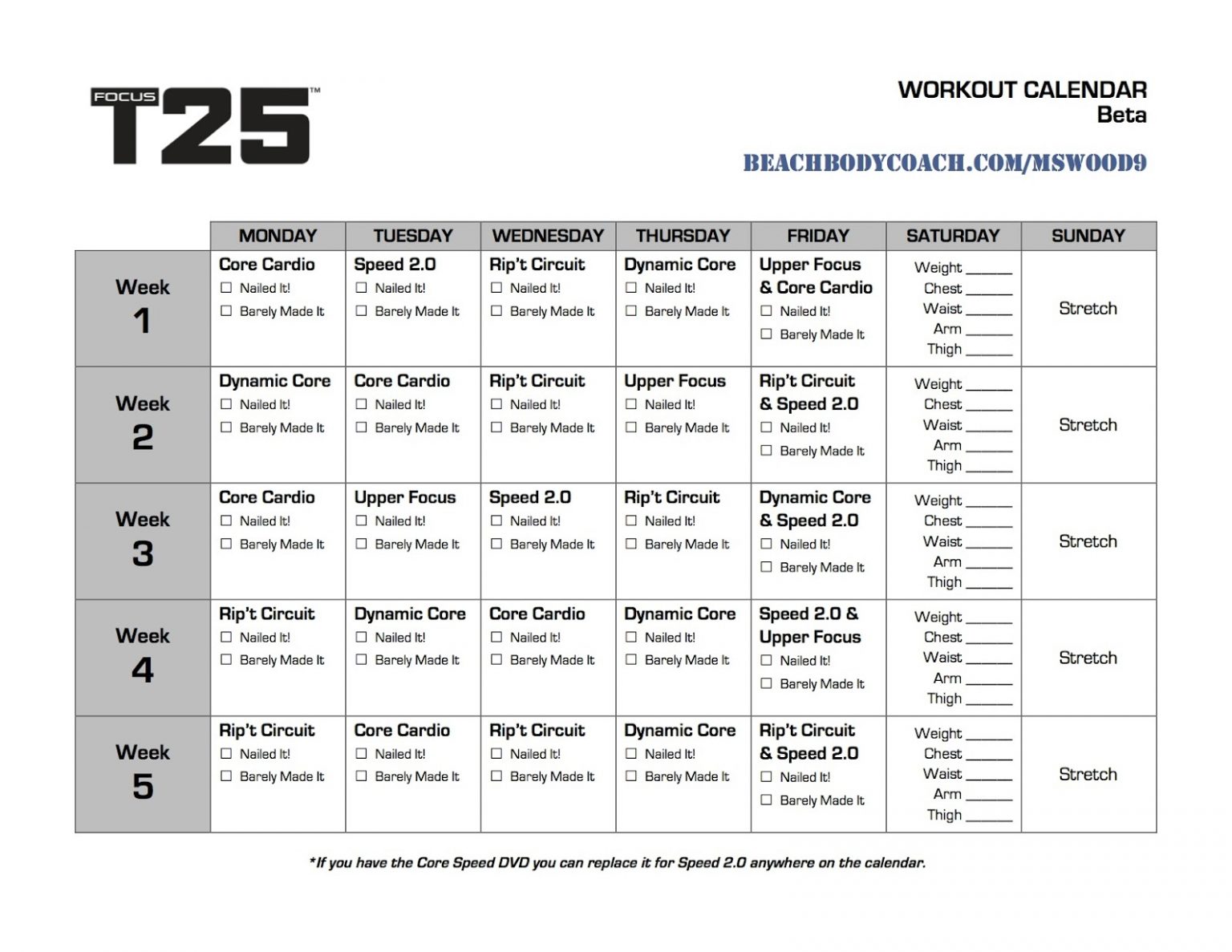 Michelle Is Living Well Focus T25 Workout Calendar Printable Schedule
