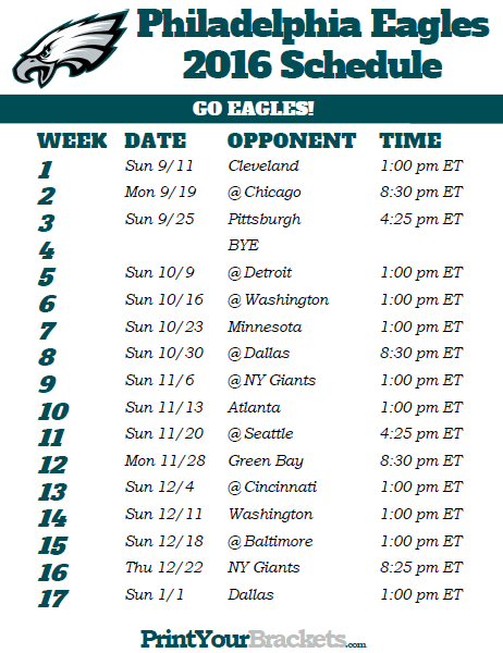 Printable Philadelphia Eagles Football Schedule Tampa 