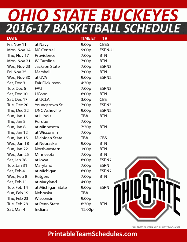 Printable Ohio State Basketball Schedule Printable Schedule