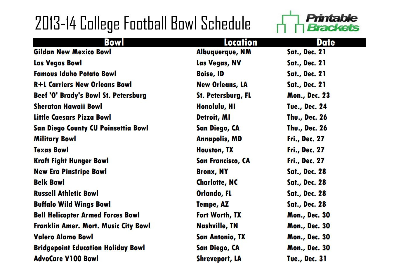 Bowl Schedule Printable Printable Schedule