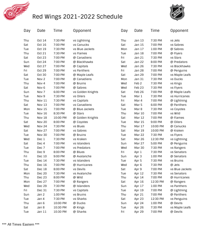 Detroit Red Wings Schedule Printable Printable Templates