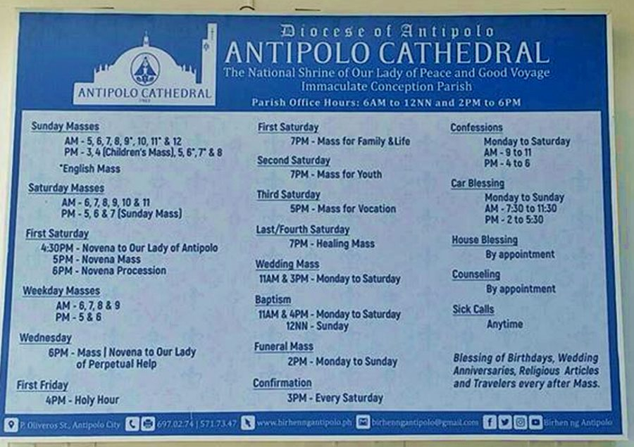2020 ANTIPOLO CHURCH MASS SCHEDULE CATHEDRAL 