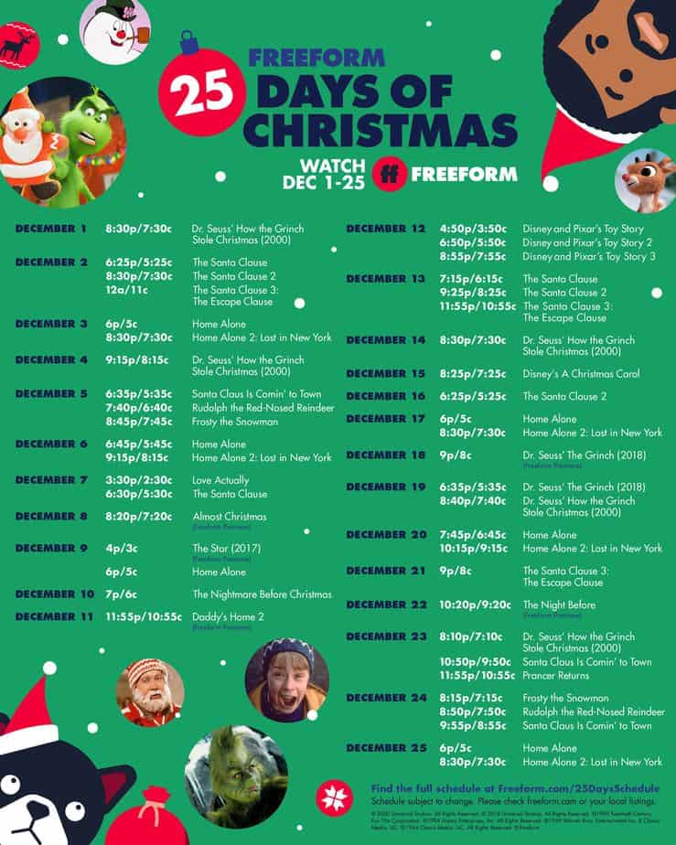 Freeform 25 Days Of Christmas TV Schedule Printable Schedule