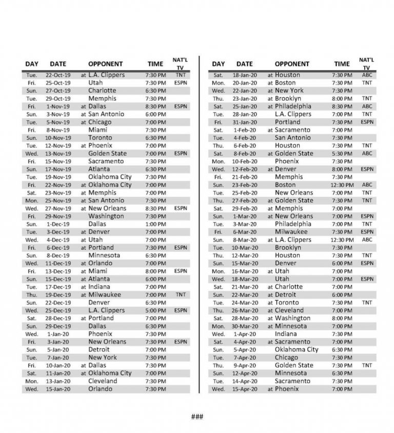 Lakers Full Schedule Lakers Printable Schedule