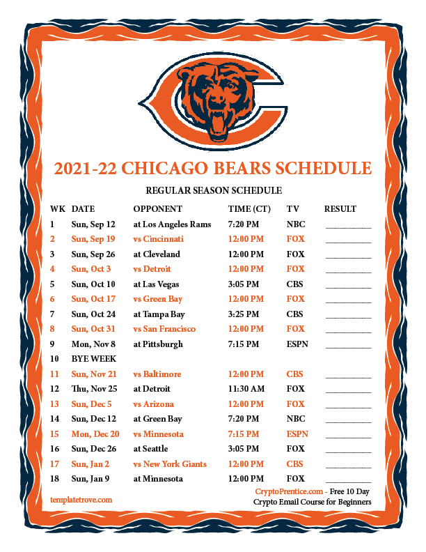 Printable 2021 2022 Chicago Bears Schedule