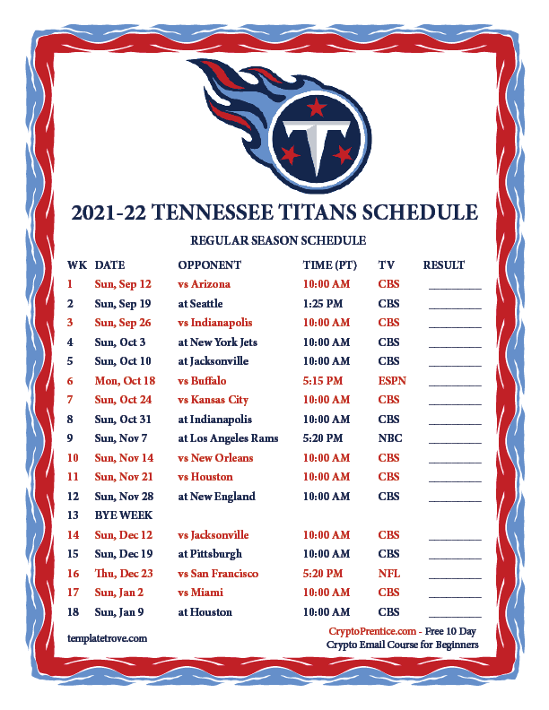 Printable 2021 2022 Tennessee Titans Schedule Printable Schedule