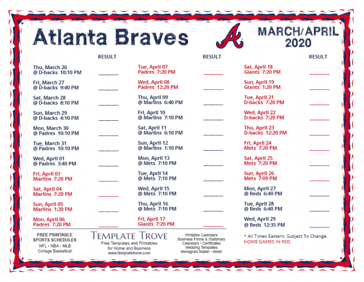 Printable 2020 Atlanta Braves Schedule | Printable Schedule