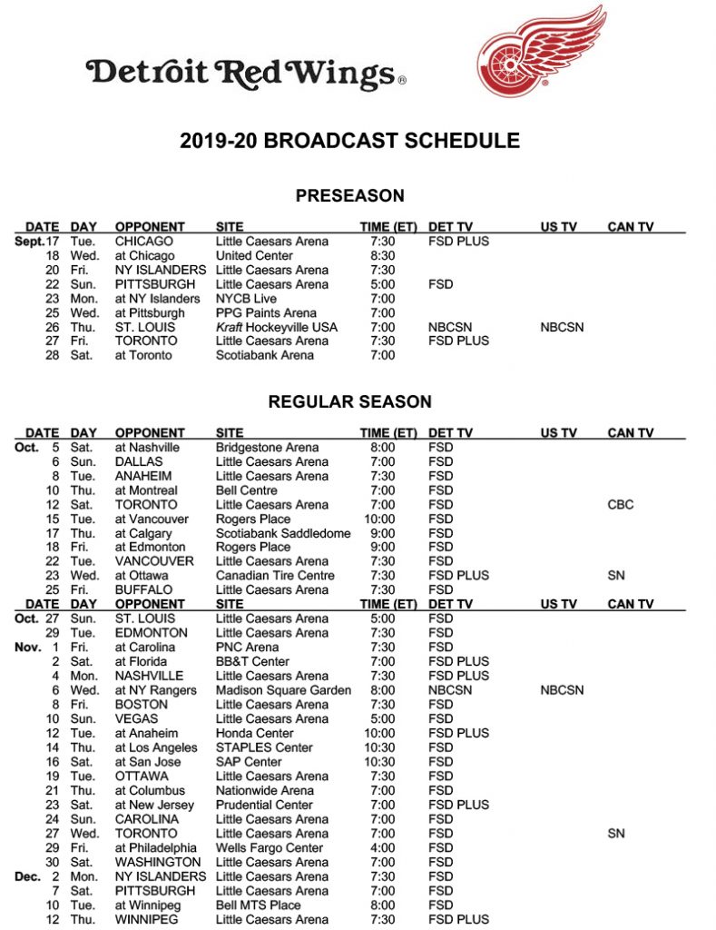 Detroit Red Wings Tv Schedule 202223 Printable Printable Schedule