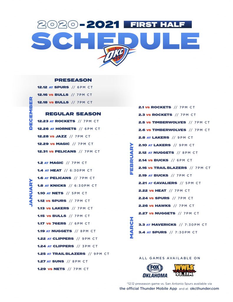 Oklahoma City Thunder Roster Printable Schedule